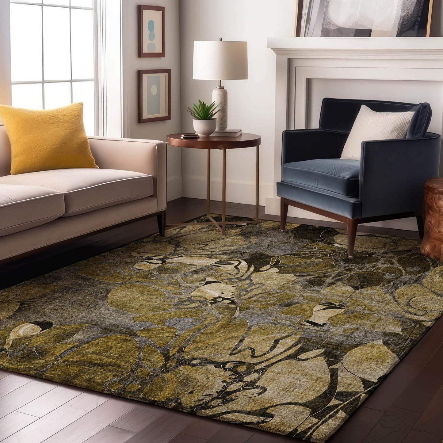 5' X 8' Brown Beige And Gold Abstract Distressed Washable Area Rug With UV Protection - HomeRoots - Flyclothing LLC