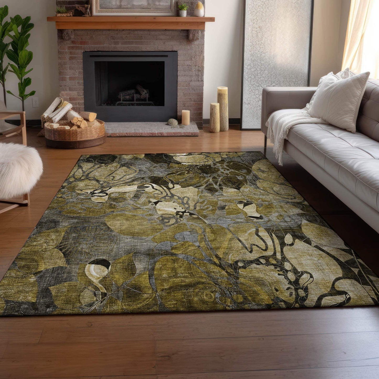 5' X 8' Brown Beige And Gold Abstract Distressed Washable Area Rug With UV Protection - HomeRoots - Flyclothing LLC