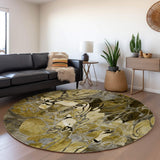 8' Brown Beige And Gold Abstract Distressed Washable Round Rug With UV Protection - HomeRoots - Flyclothing LLC