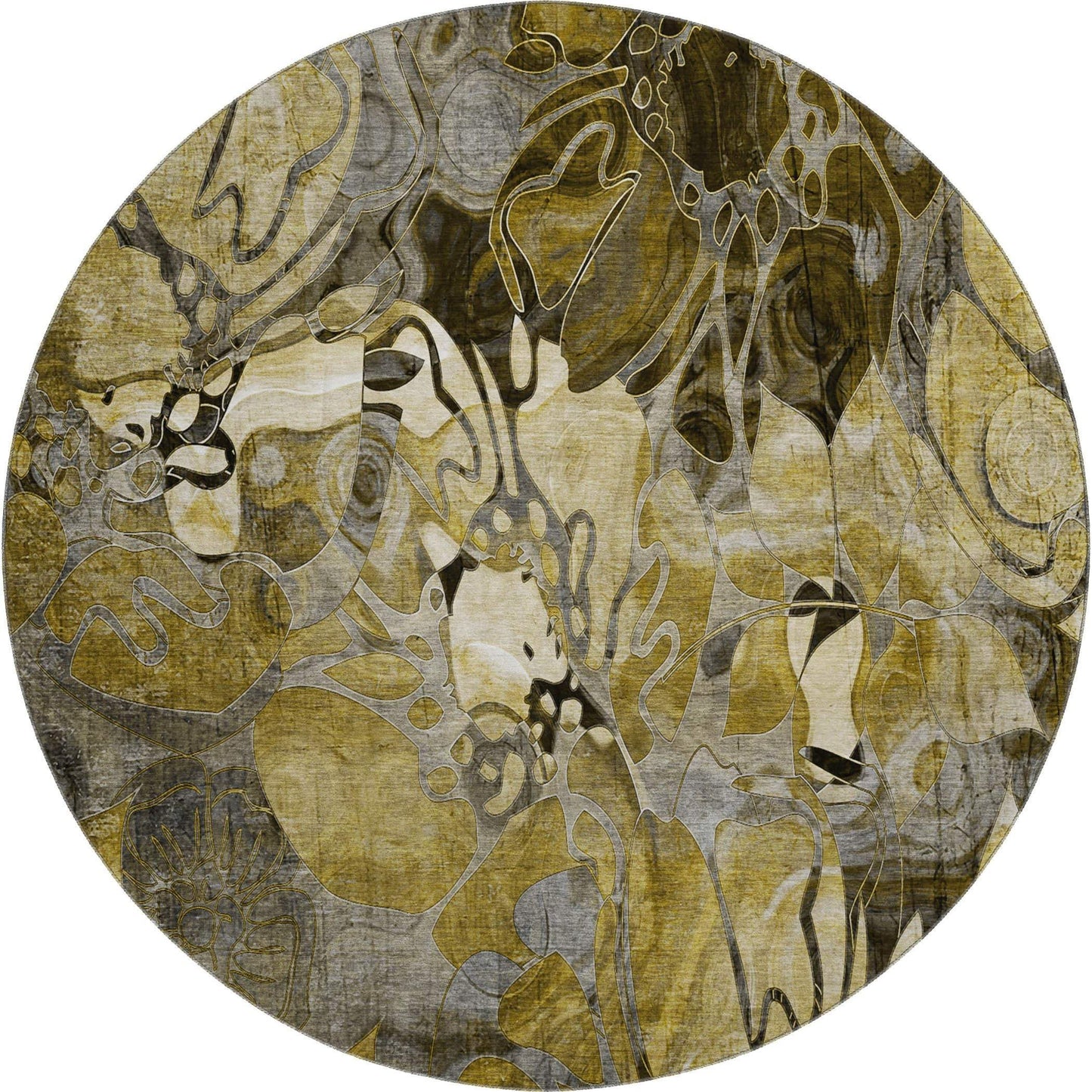 8' Brown Beige And Gold Abstract Distressed Washable Round Rug With UV Protection - HomeRoots - Flyclothing LLC