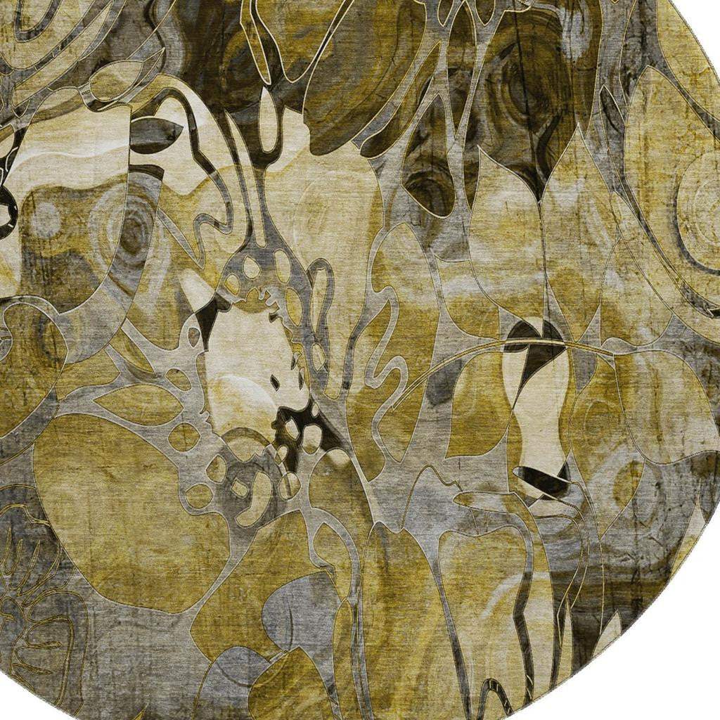 8' Brown Beige And Gold Abstract Distressed Washable Round Rug With UV Protection - HomeRoots - Flyclothing LLC