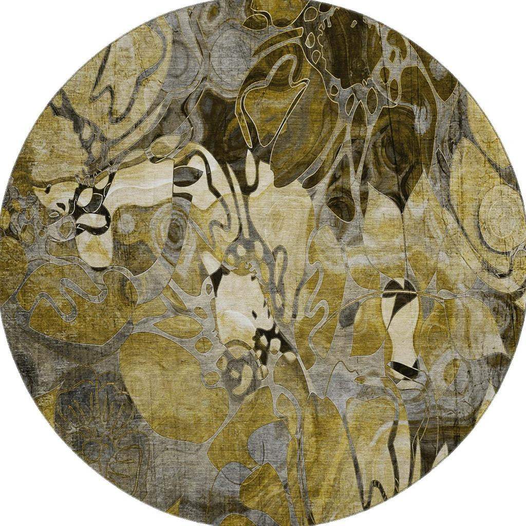 8' Brown Beige And Gold Abstract Distressed Washable Round Rug With UV Protection - HomeRoots - Flyclothing LLC