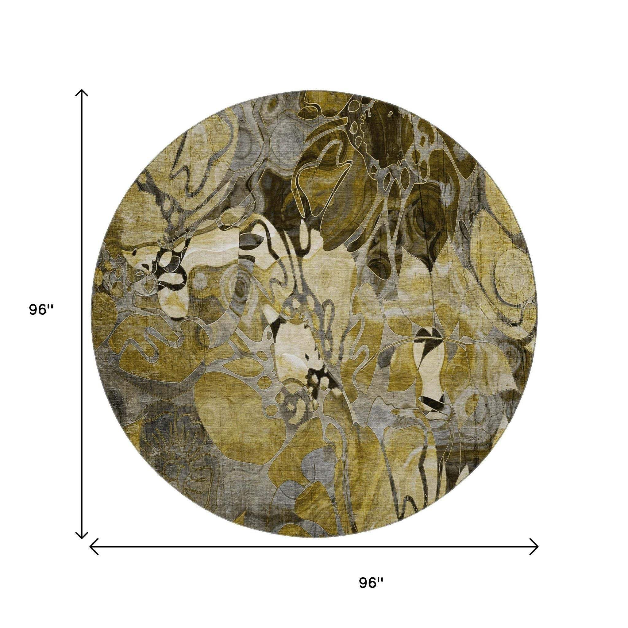 8' Brown Beige And Gold Abstract Distressed Washable Round Rug With UV Protection - HomeRoots - Flyclothing LLC
