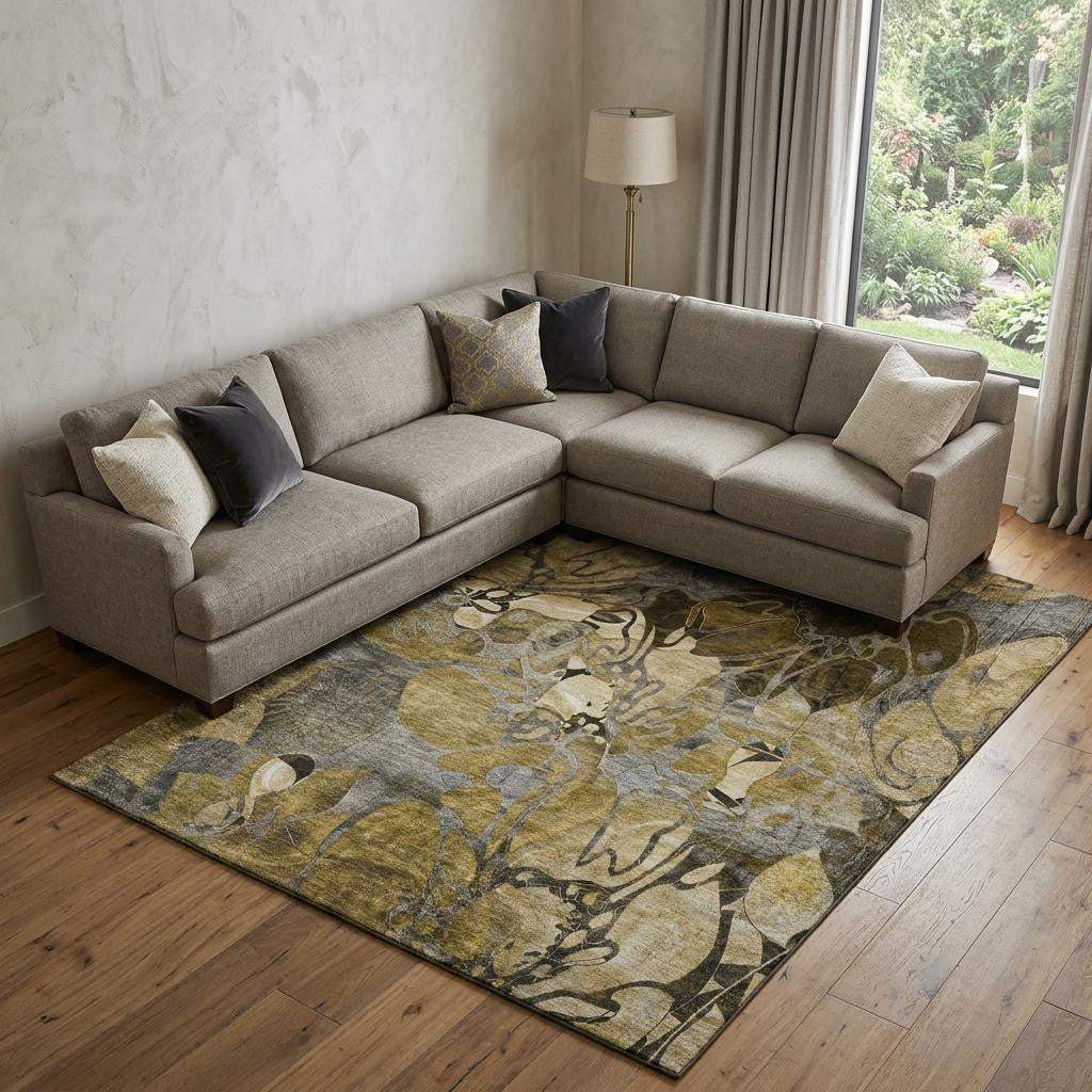 9' X 12' Brown Beige And Gold Abstract Distressed Washable Area Rug With UV Protection - HomeRoots - Flyclothing LLC