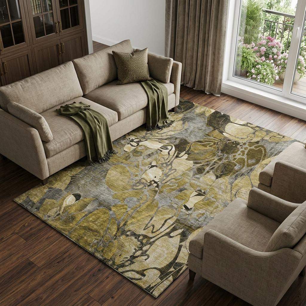 10' X 14' Brown Beige And Gold Abstract Distressed Washable Area Rug With UV Protection - HomeRoots - Flyclothing LLC