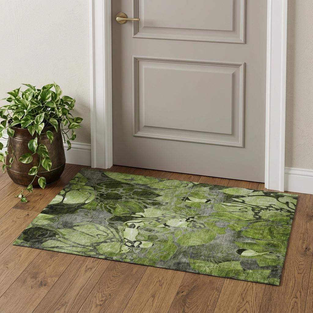 3' X 5' Fern Green And Gray Abstract Distressed Washable Area Rug With UV Protection - HomeRoots - Flyclothing LLC
