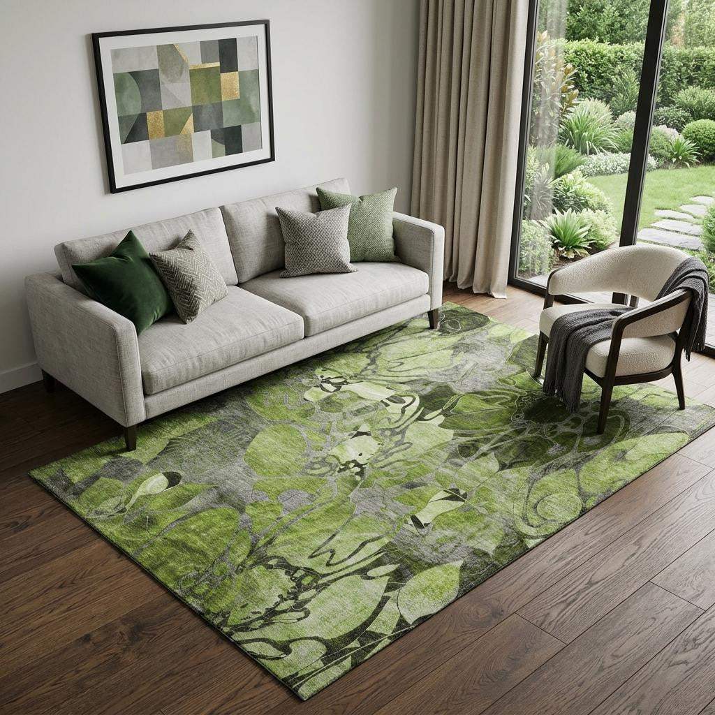 5' X 8' Fern Green And Gray Abstract Distressed Washable Area Rug With UV Protection - HomeRoots - Flyclothing LLC