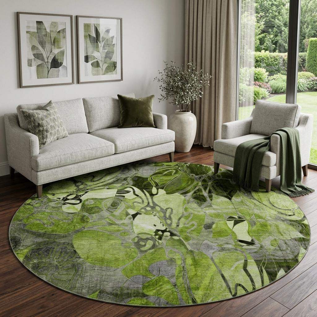 8' Fern Green And Gray Abstract Distressed Washable Round Rug With UV Protection - HomeRoots - Flyclothing LLC