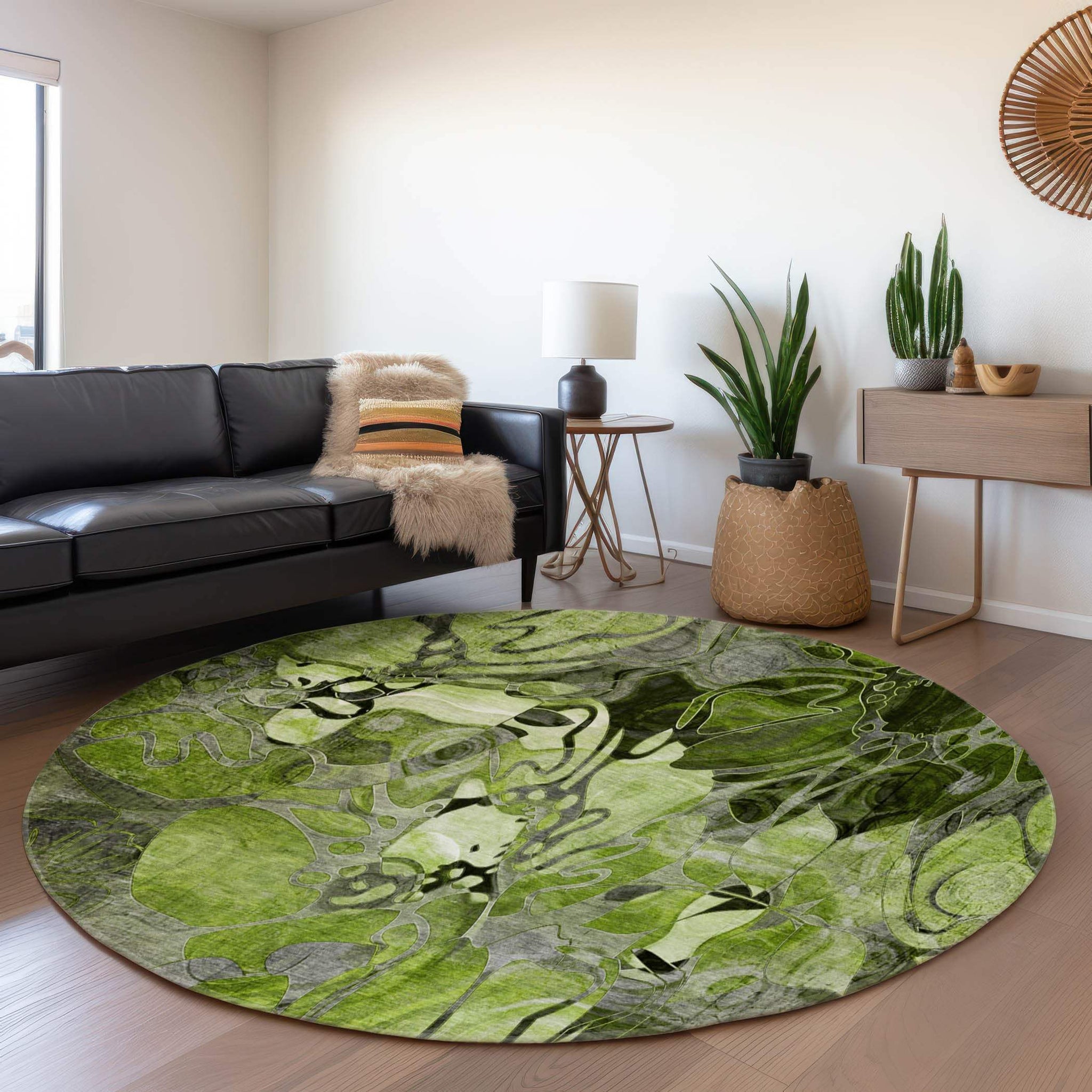 8' Fern Green And Gray Abstract Distressed Washable Round Rug With UV Protection - HomeRoots - Flyclothing LLC