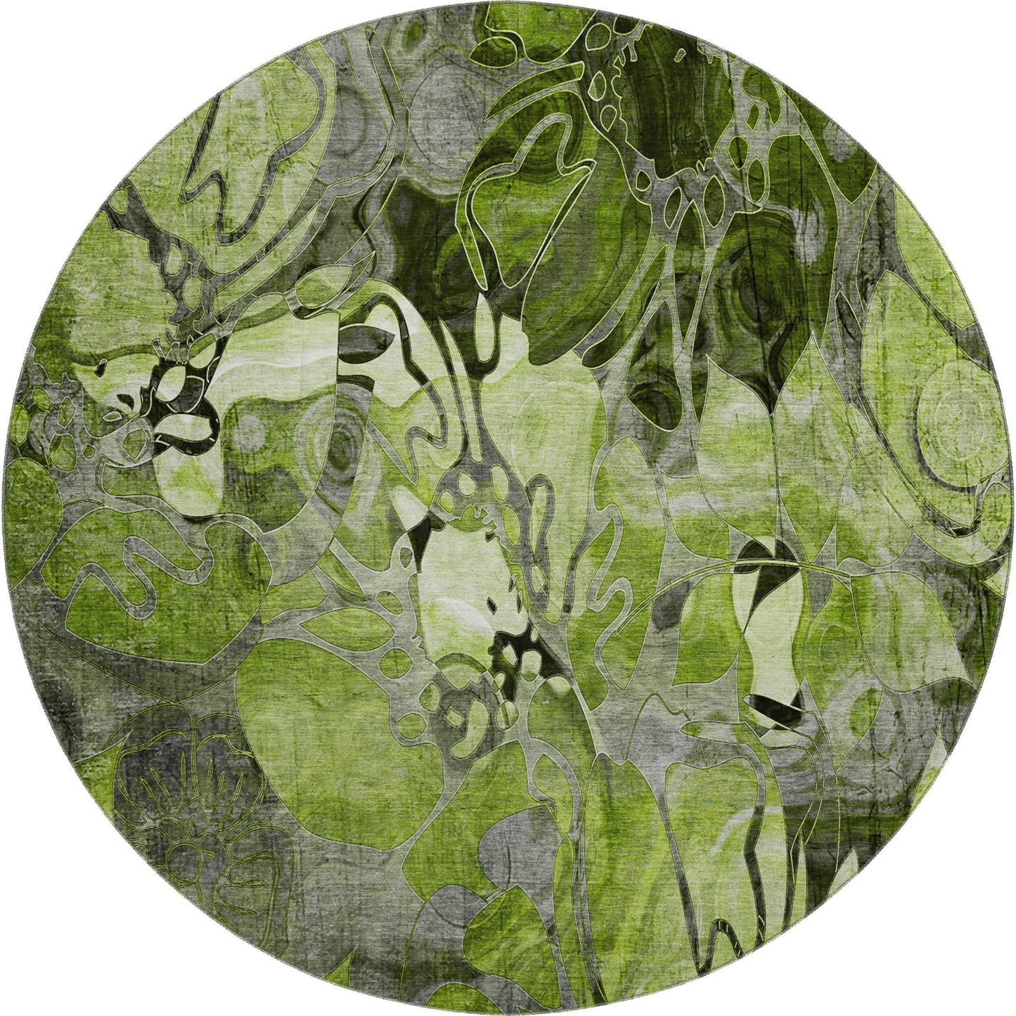 8' Fern Green And Gray Abstract Distressed Washable Round Rug With UV Protection - HomeRoots - Flyclothing LLC