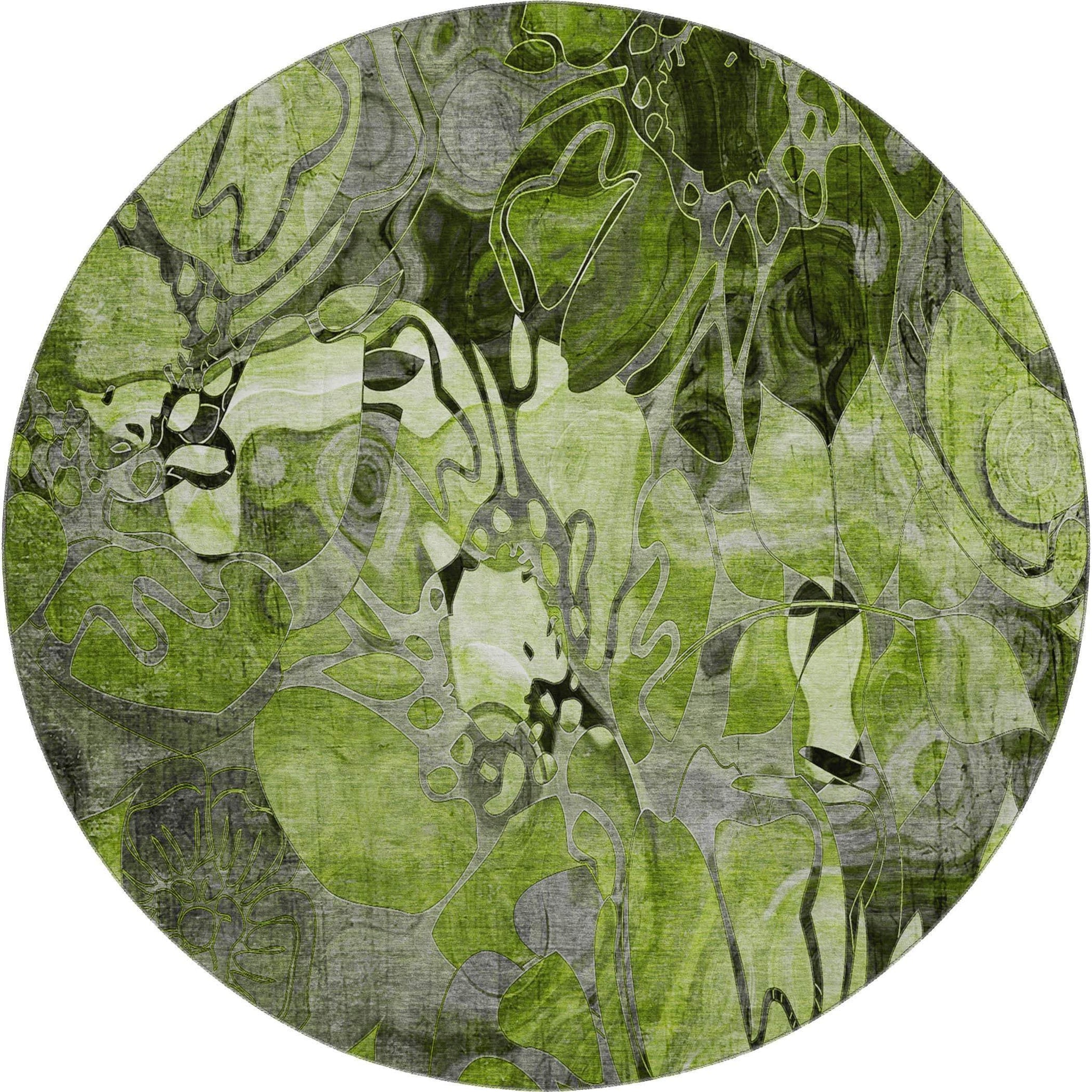 8' Fern Green And Gray Abstract Distressed Washable Round Rug With UV Protection - HomeRoots - Flyclothing LLC
