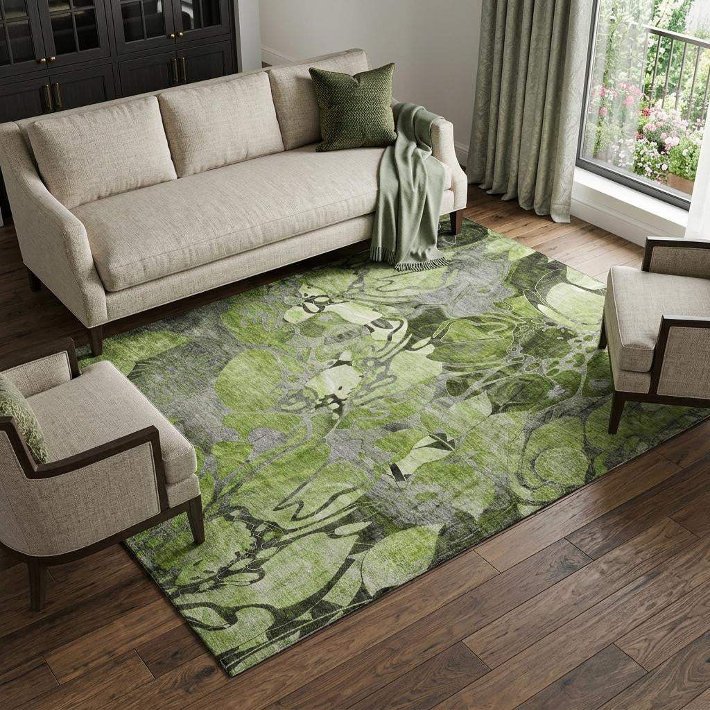 9' X 12' Fern Green And Gray Abstract Distressed Washable Area Rug With UV Protection - HomeRoots - Flyclothing LLC