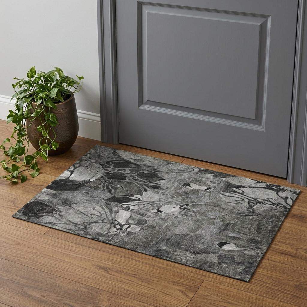 3' X 5' Gray And Ivory Abstract Distressed Washable Area Rug With UV Protection - HomeRoots - Flyclothing LLC