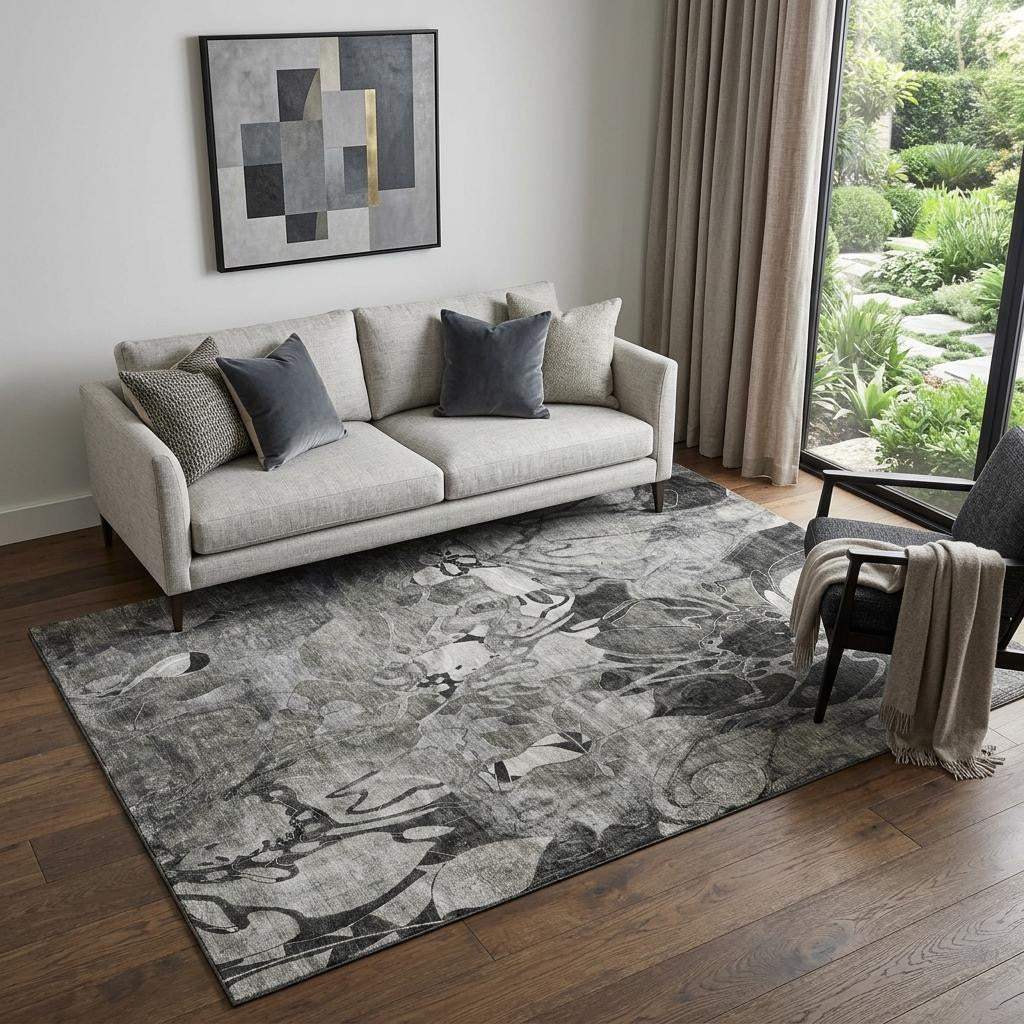 5' X 8' Gray And Ivory Abstract Distressed Washable Area Rug With UV Protection - HomeRoots - Flyclothing LLC