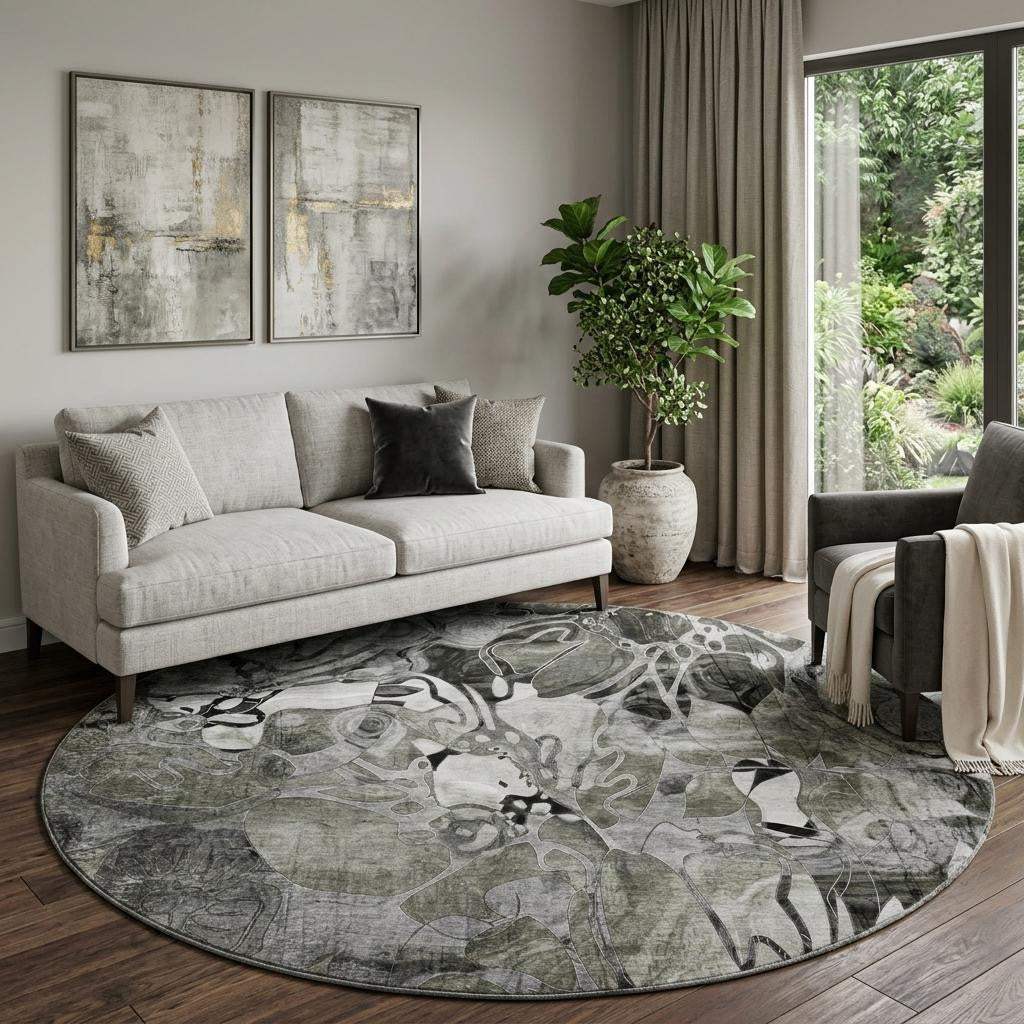 8' Gray And Ivory Abstract Distressed Washable Round Rug With UV Protection - HomeRoots - Flyclothing LLC