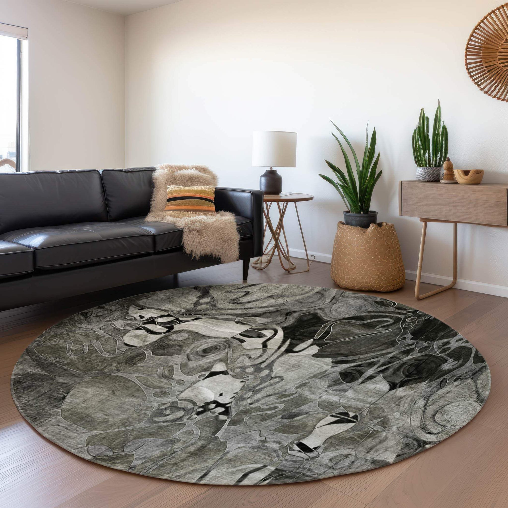 8' Gray And Ivory Abstract Distressed Washable Round Rug With UV Protection - HomeRoots - Flyclothing LLC