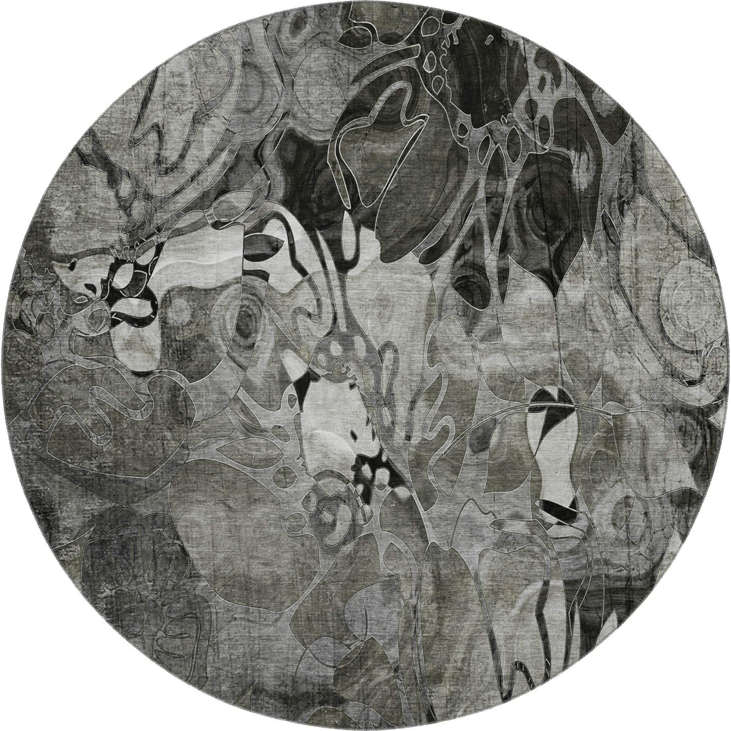 8' Gray And Ivory Abstract Distressed Washable Round Rug With UV Protection - HomeRoots - Flyclothing LLC
