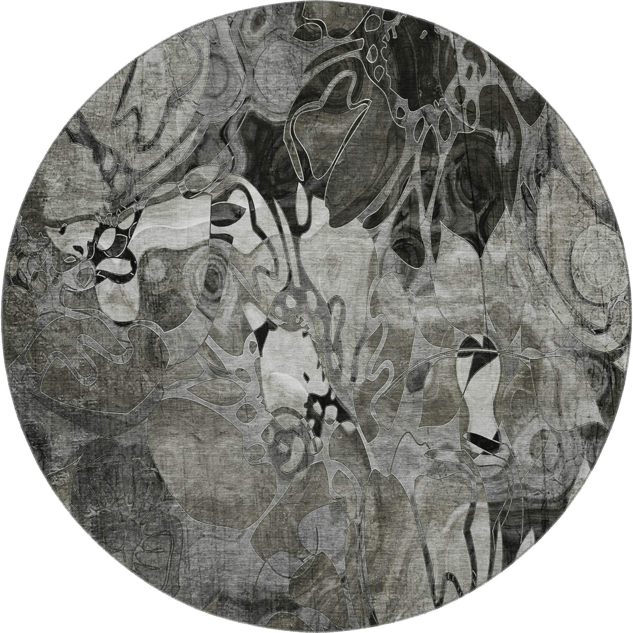 8' Gray And Ivory Abstract Distressed Washable Round Rug With UV Protection - HomeRoots - Flyclothing LLC