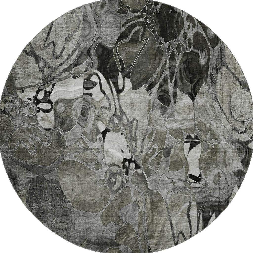 8' Gray And Ivory Abstract Distressed Washable Round Rug With UV Protection - HomeRoots - Flyclothing LLC