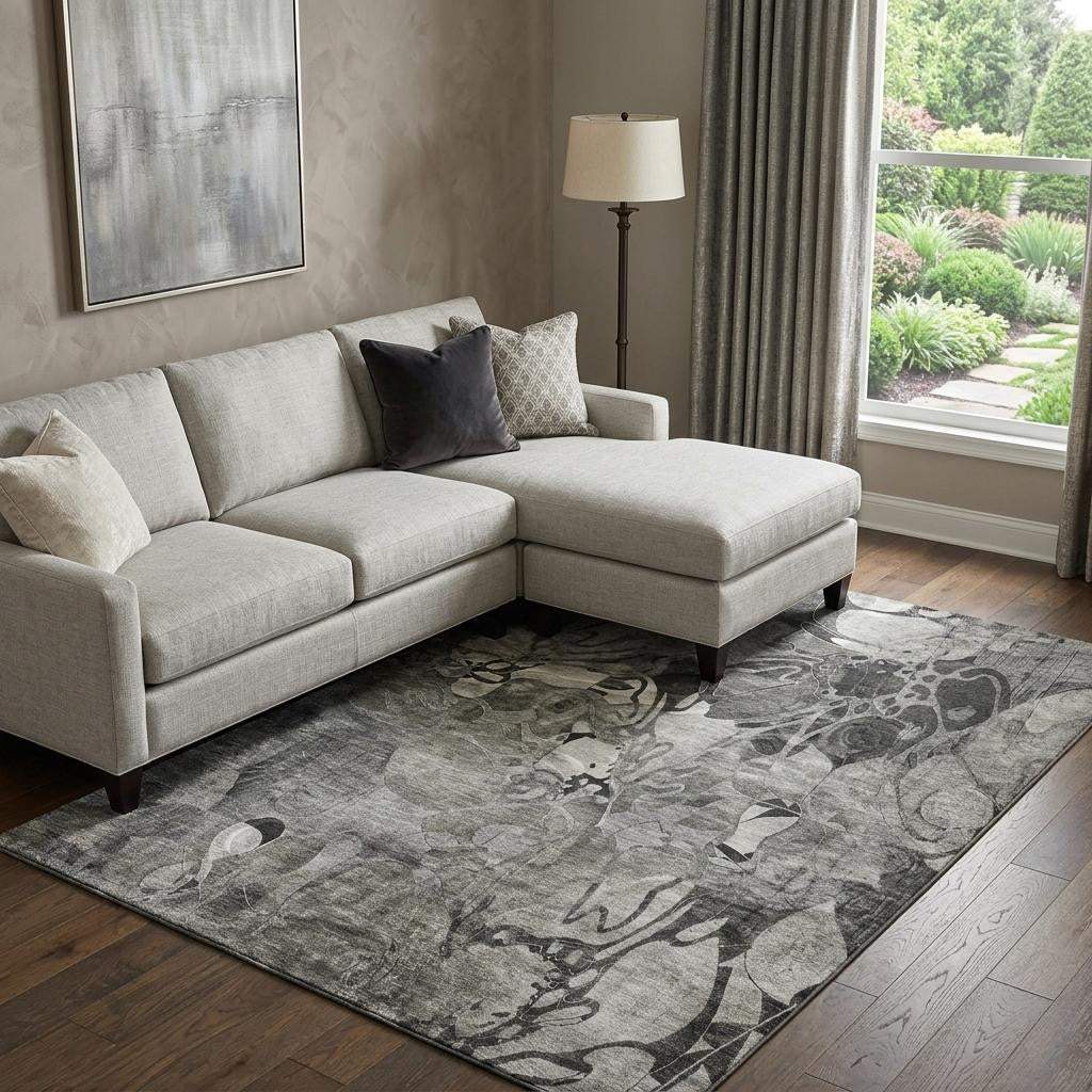 9' X 12' Gray And Ivory Abstract Distressed Washable Area Rug With UV Protection - HomeRoots - Flyclothing LLC