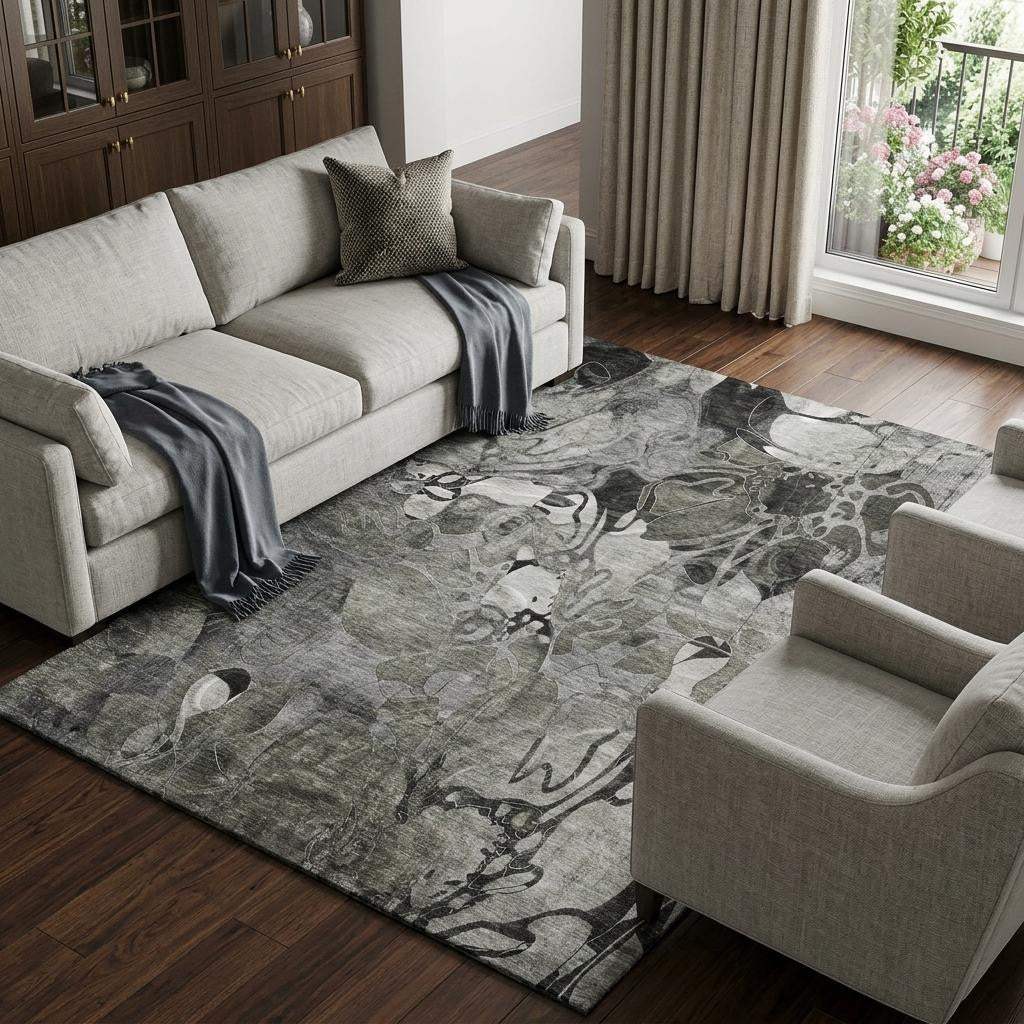10' X 14' Gray And Ivory Abstract Distressed Washable Area Rug With UV Protection - HomeRoots - Flyclothing LLC