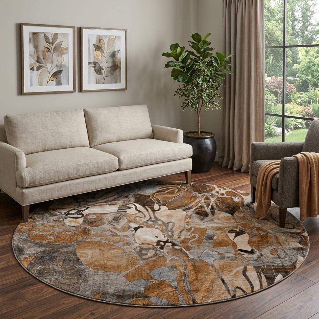 8' Rust And Gray Abstract Distressed Washable Round Rug With UV Protection - HomeRoots - Flyclothing LLC