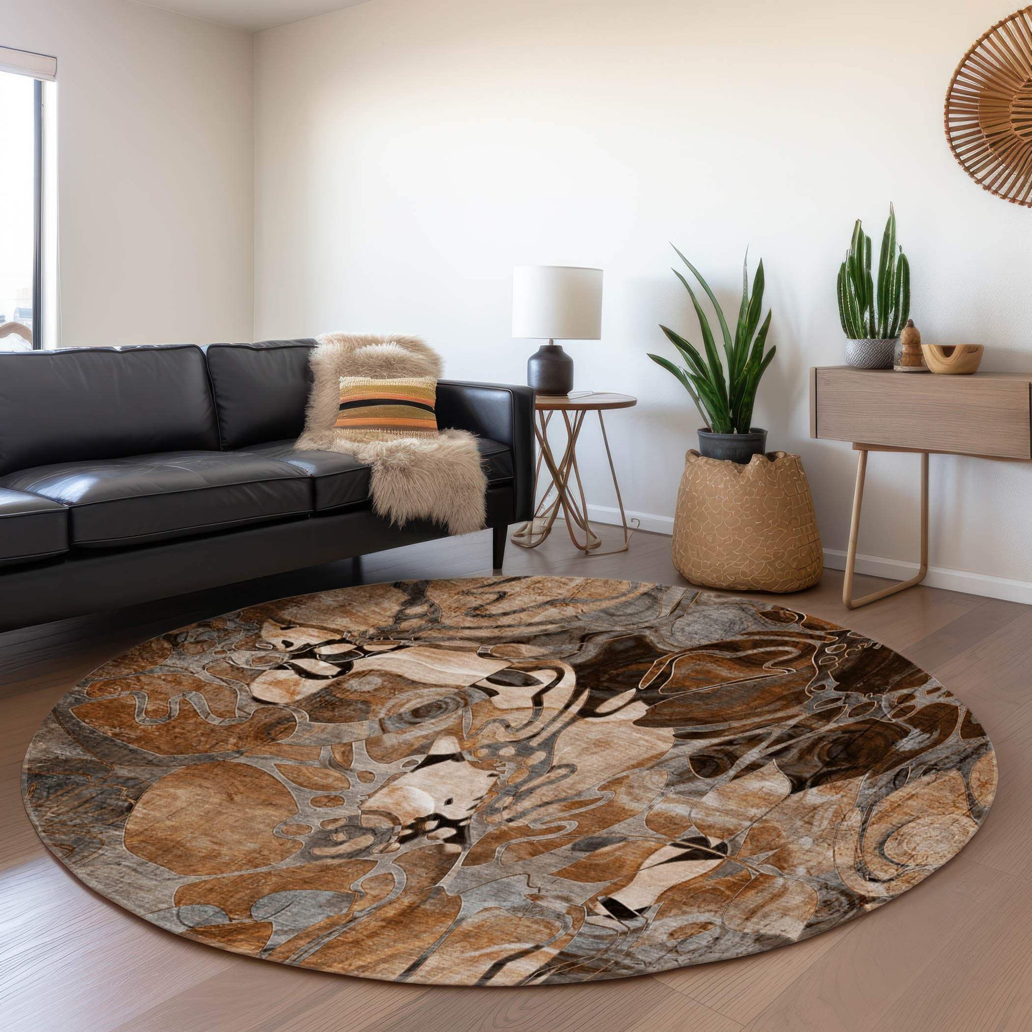 8' Rust And Gray Abstract Distressed Washable Round Rug With UV Protection - HomeRoots - Flyclothing LLC
