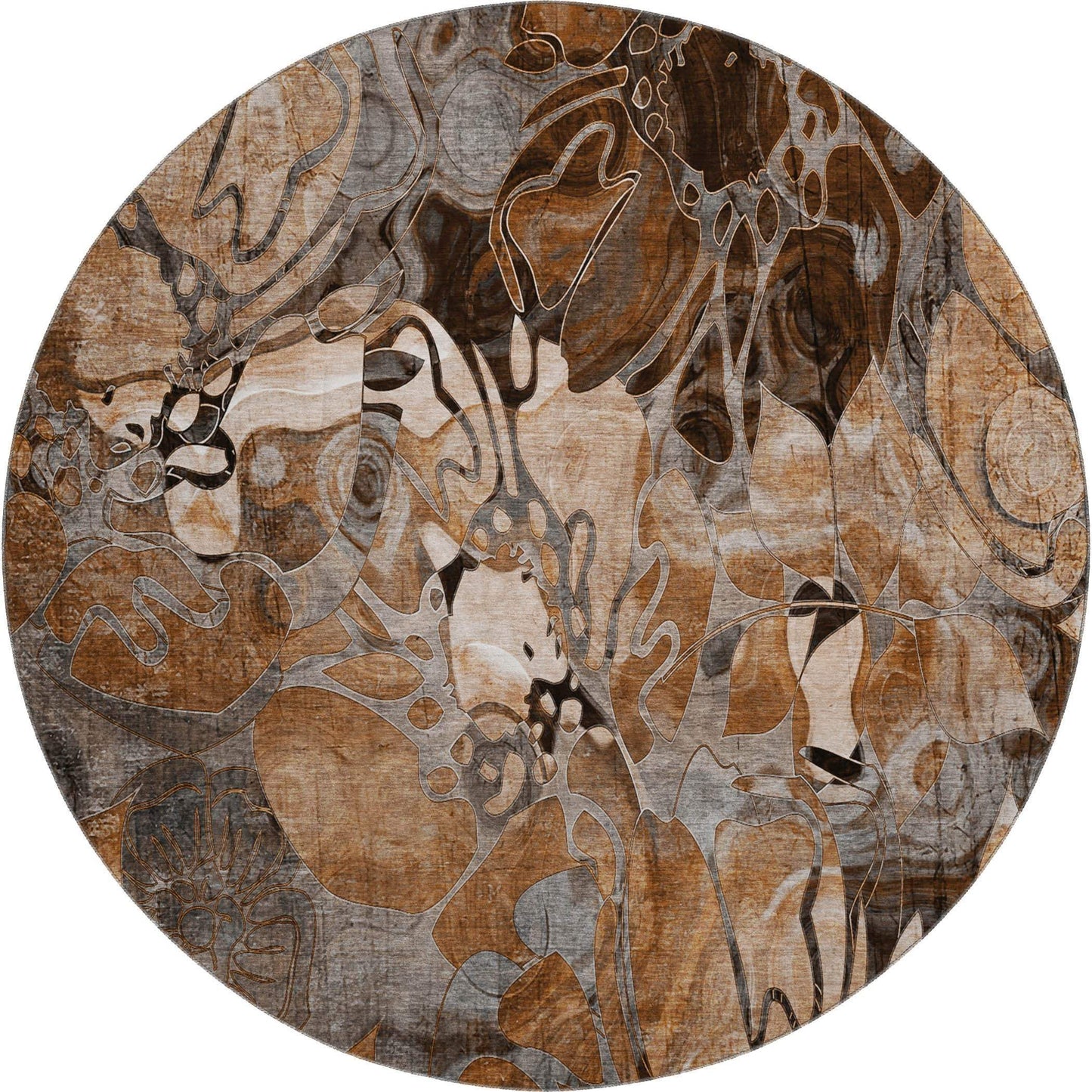 8' Rust And Gray Abstract Distressed Washable Round Rug With UV Protection - HomeRoots - Flyclothing LLC