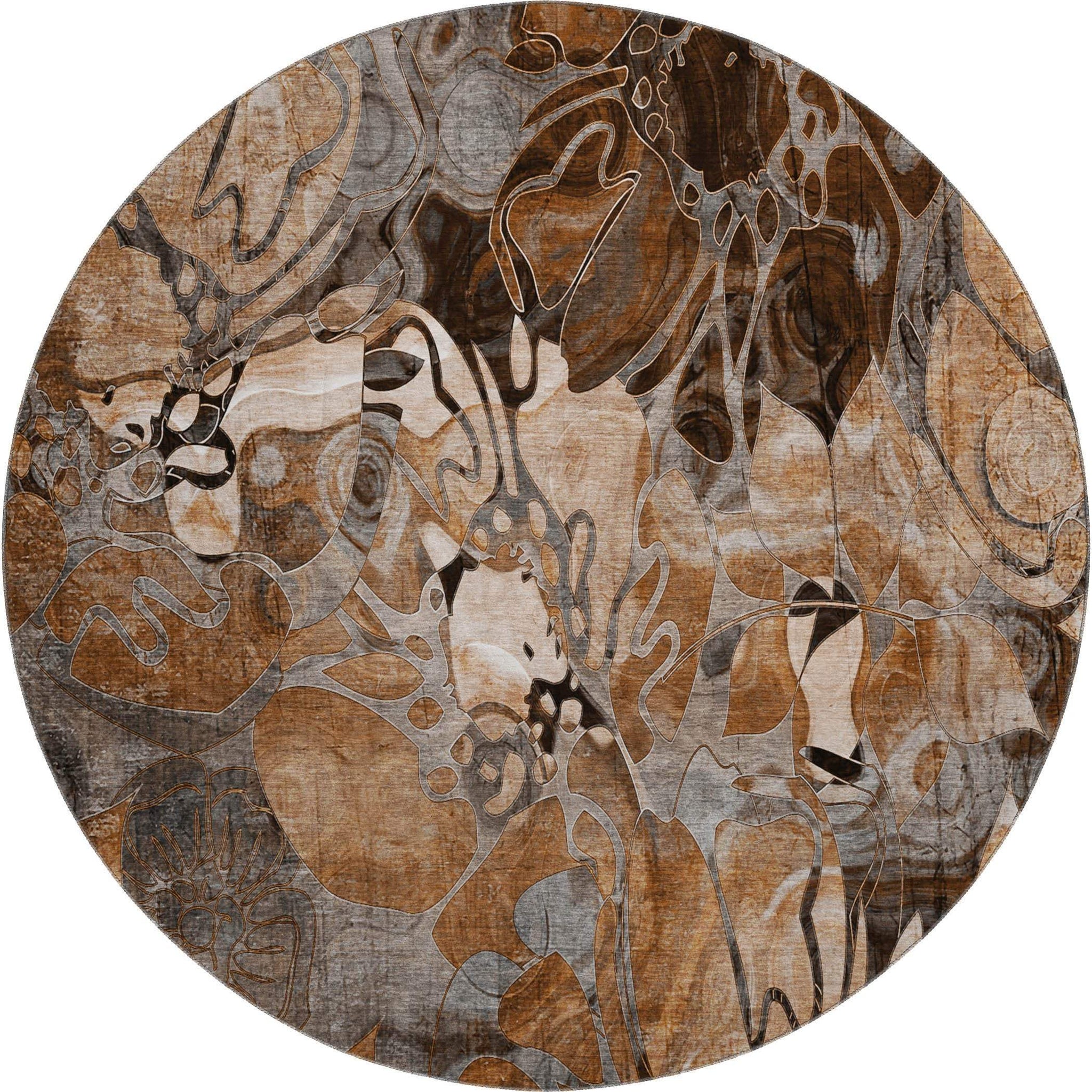 8' Rust And Gray Abstract Distressed Washable Round Rug With UV Protection - HomeRoots - Flyclothing LLC