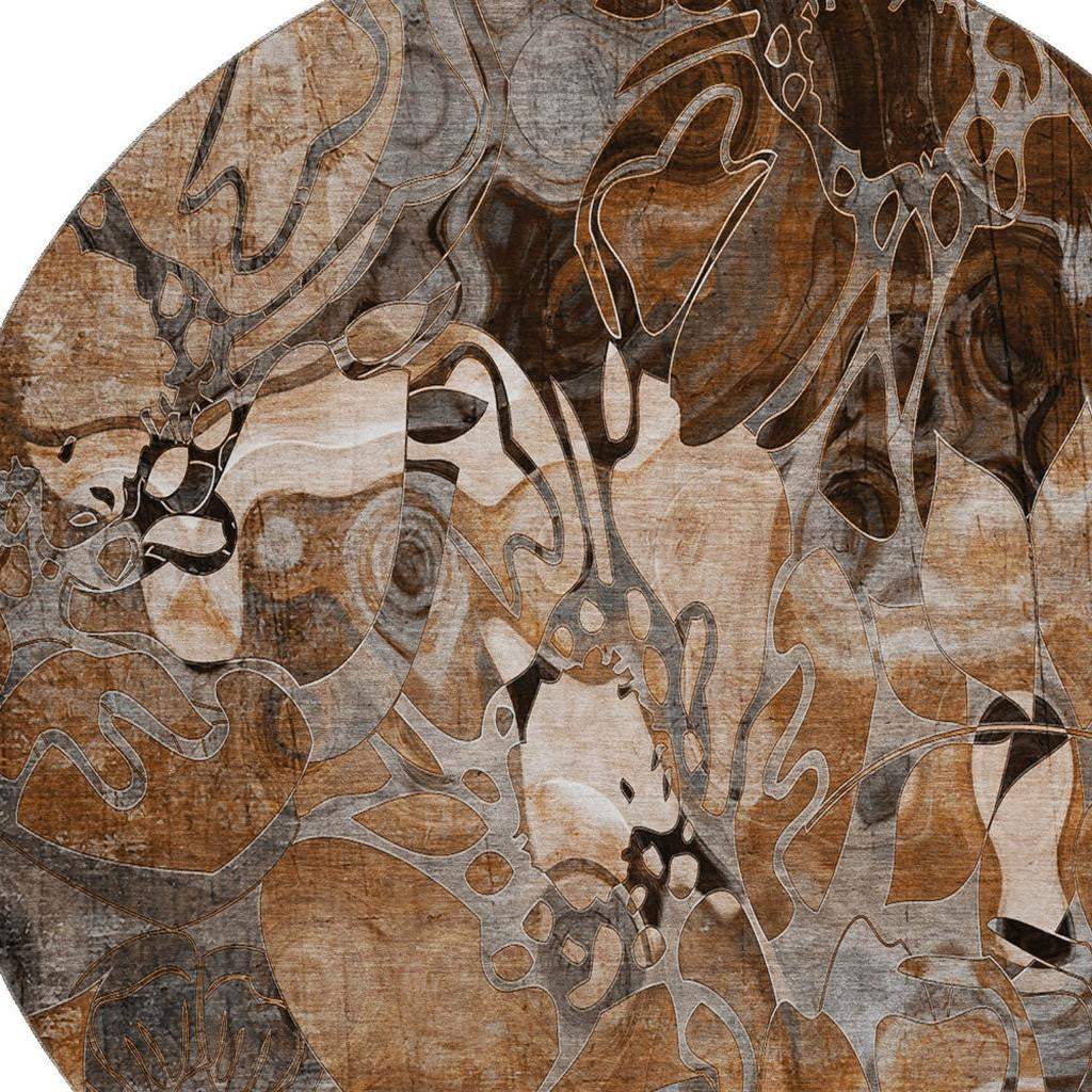 8' Rust And Gray Abstract Distressed Washable Round Rug With UV Protection - HomeRoots - Flyclothing LLC