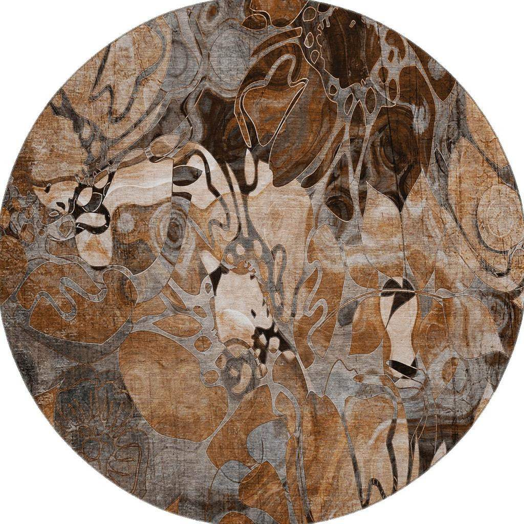 8' Rust And Gray Abstract Distressed Washable Round Rug With UV Protection - HomeRoots - Flyclothing LLC