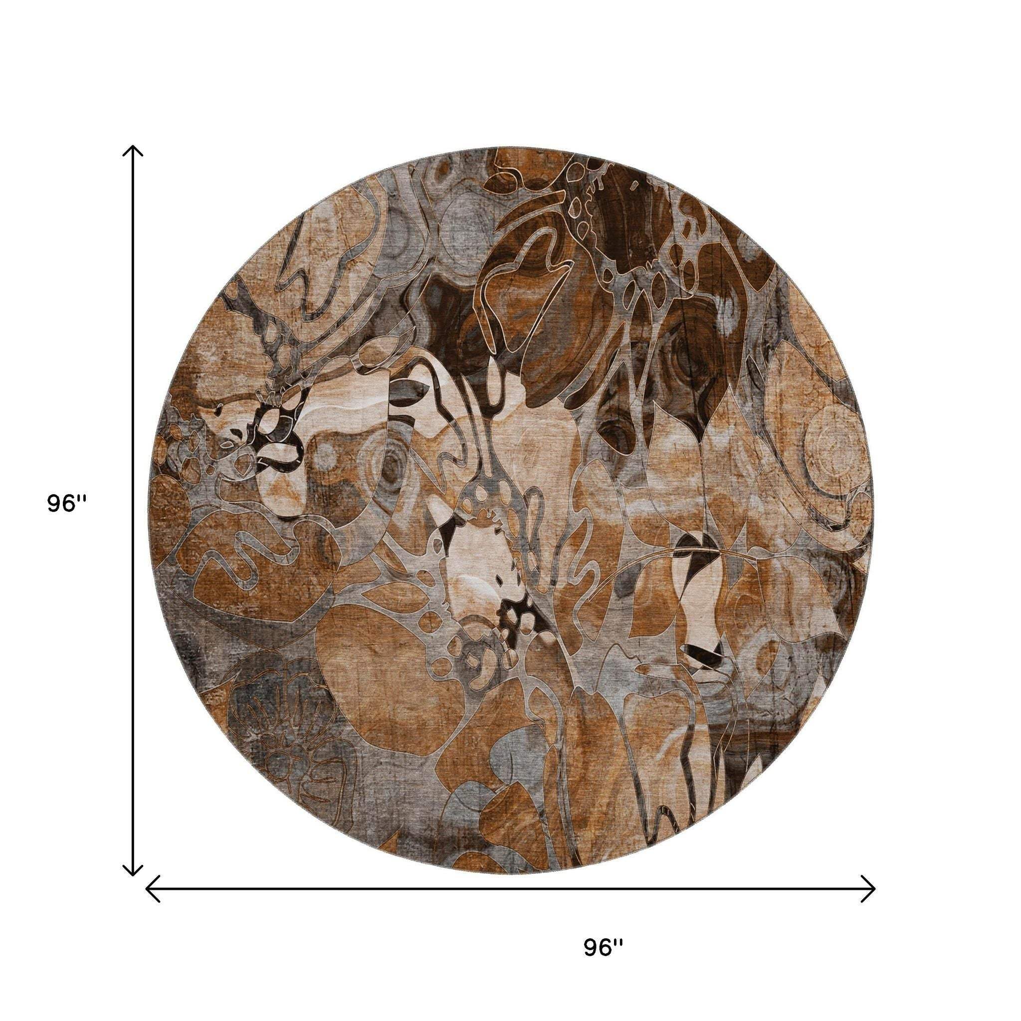 8' Rust And Gray Abstract Distressed Washable Round Rug With UV Protection - HomeRoots - Flyclothing LLC