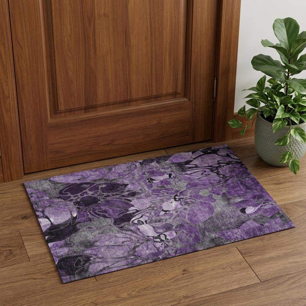 3' X 5' Purple And Ivory Abstract Distressed Washable Area Rug With UV Protection - HomeRoots - Flyclothing LLC