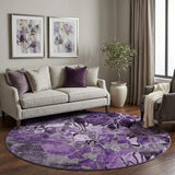 8' Purple And Ivory Abstract Distressed Washable Round Rug With UV Protection - HomeRoots - Flyclothing LLC