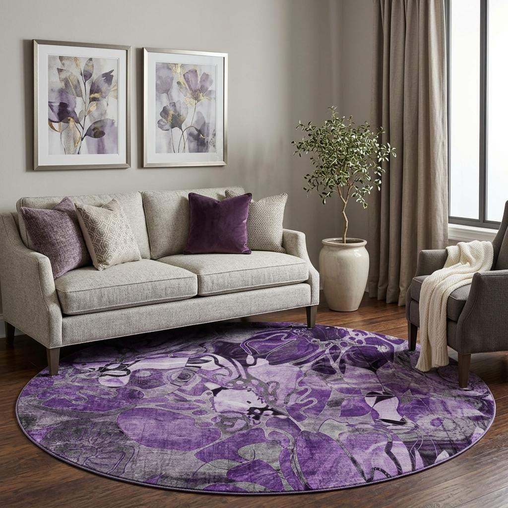 8' Purple And Ivory Abstract Distressed Washable Round Rug With UV Protection - HomeRoots - Flyclothing LLC