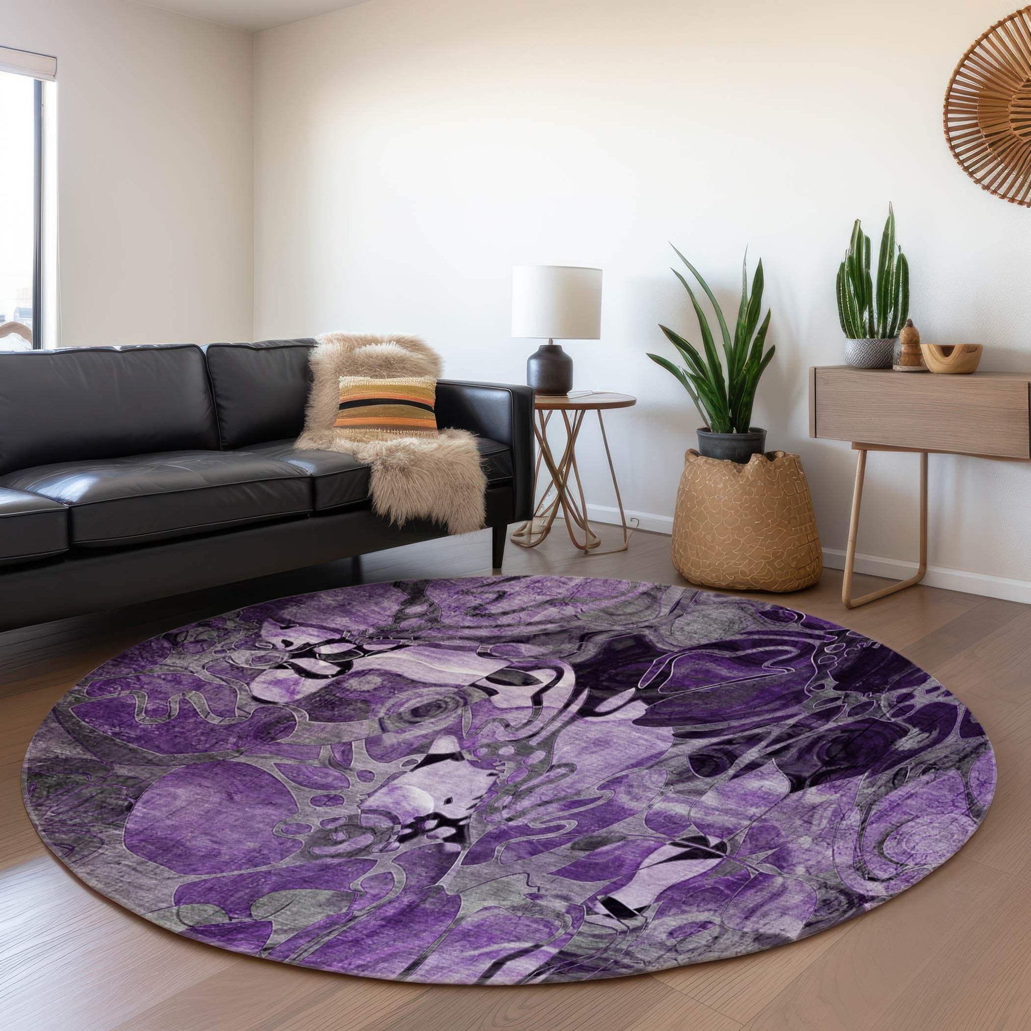 8' Purple And Ivory Abstract Distressed Washable Round Rug With UV Protection - HomeRoots - Flyclothing LLC