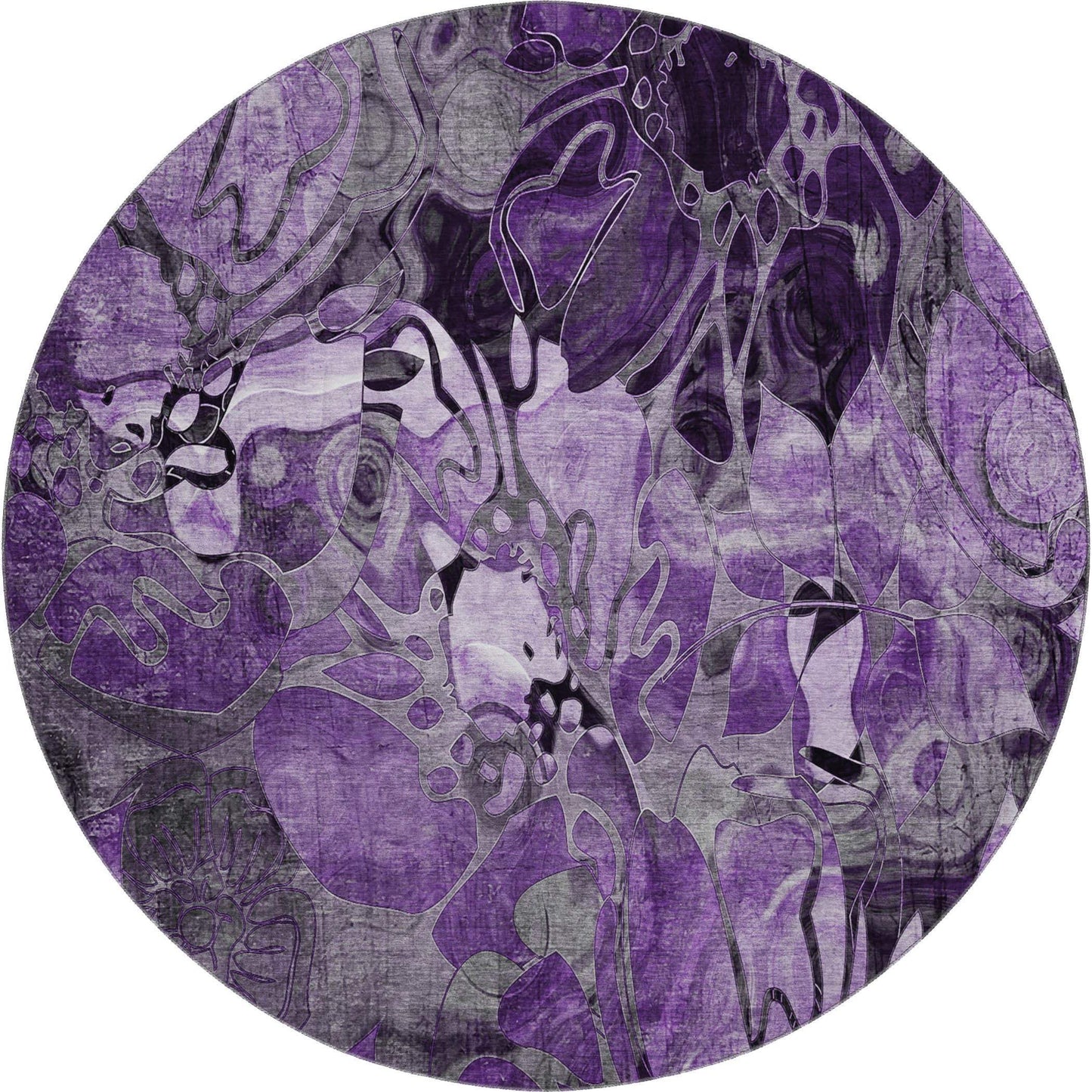 8' Purple And Ivory Abstract Distressed Washable Round Rug With UV Protection - HomeRoots - Flyclothing LLC