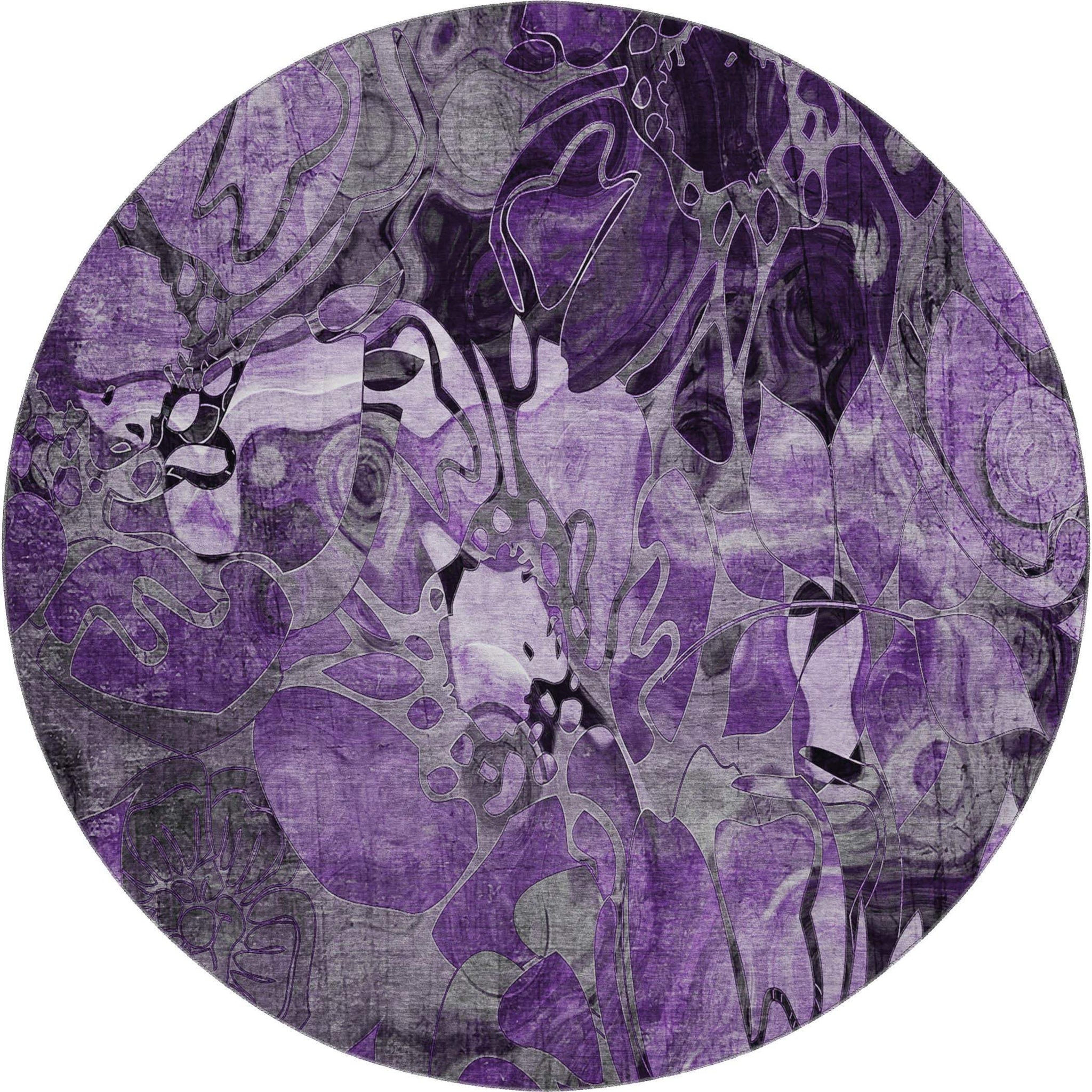 8' Purple And Ivory Abstract Distressed Washable Round Rug With UV Protection - HomeRoots - Flyclothing LLC
