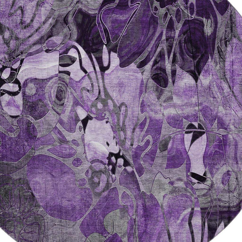 8' Purple And Ivory Abstract Distressed Washable Round Rug With UV Protection - HomeRoots - Flyclothing LLC