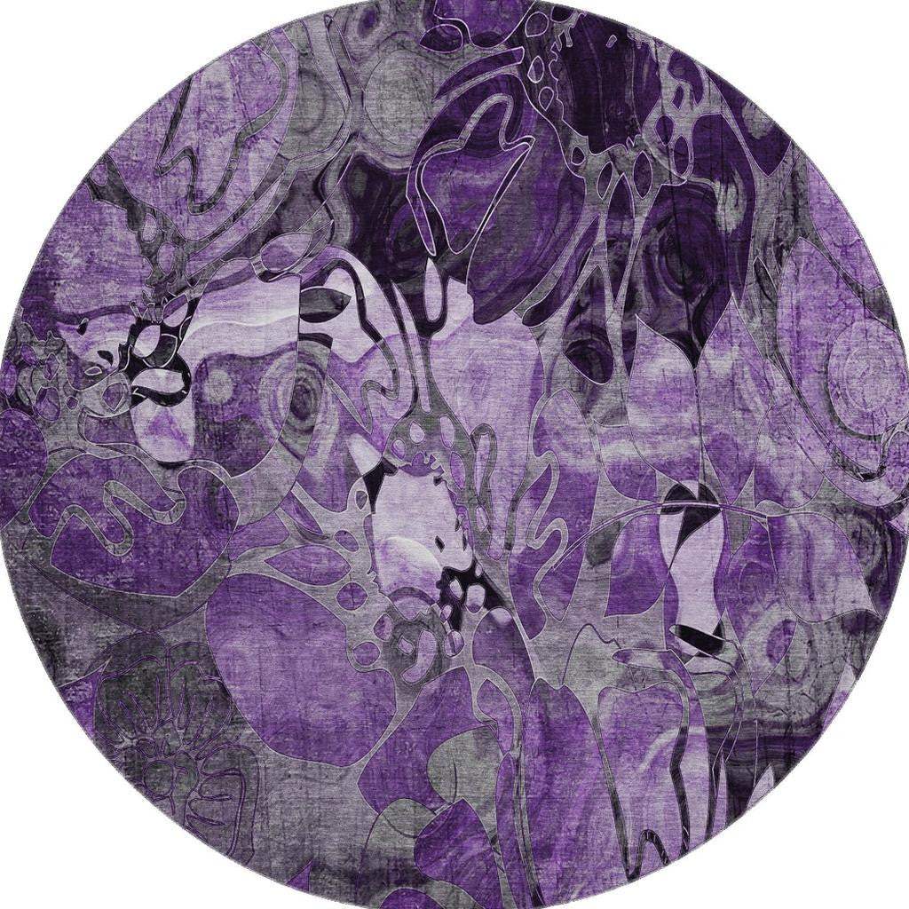 8' Purple And Ivory Abstract Distressed Washable Round Rug With UV Protection - HomeRoots - Flyclothing LLC