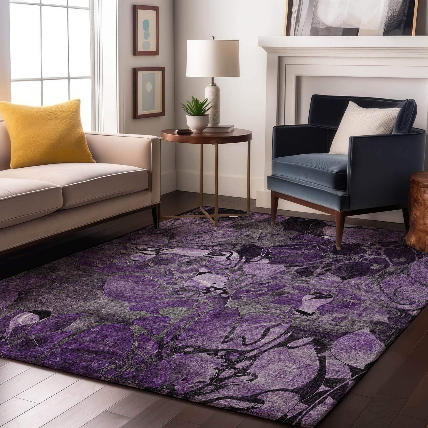 8' X 10' Purple And Ivory Abstract Distressed Washable Area Rug With UV Protection - HomeRoots - Flyclothing LLC