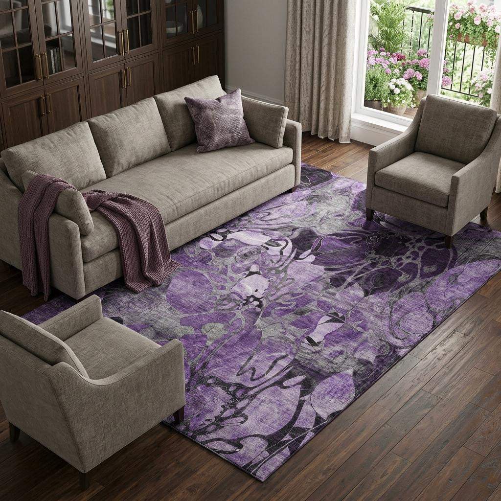 9' X 12' Purple And Ivory Abstract Distressed Washable Area Rug With UV Protection - HomeRoots - Flyclothing LLC