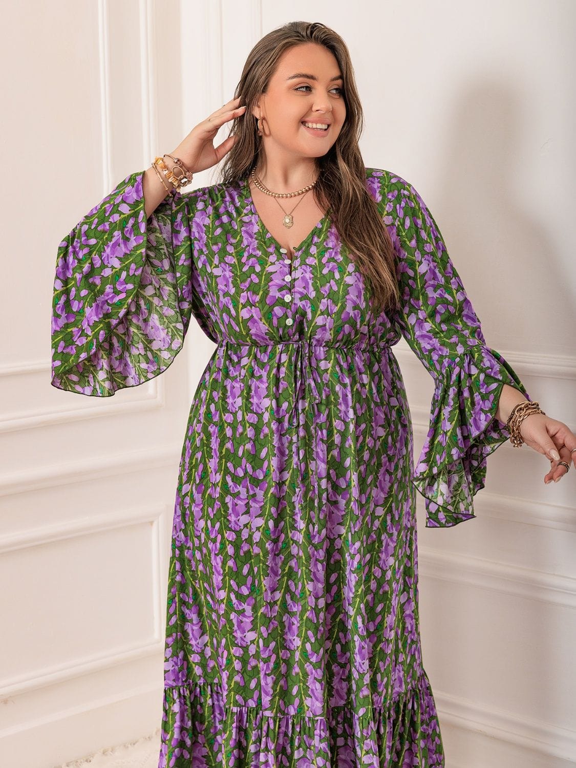 Plus Size Printed V-Neck Long Sleeve Maxi Dress - Trendsi