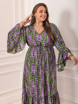 Plus Size Printed V-Neck Long Sleeve Maxi Dress - Trendsi - Flyclothing LLC