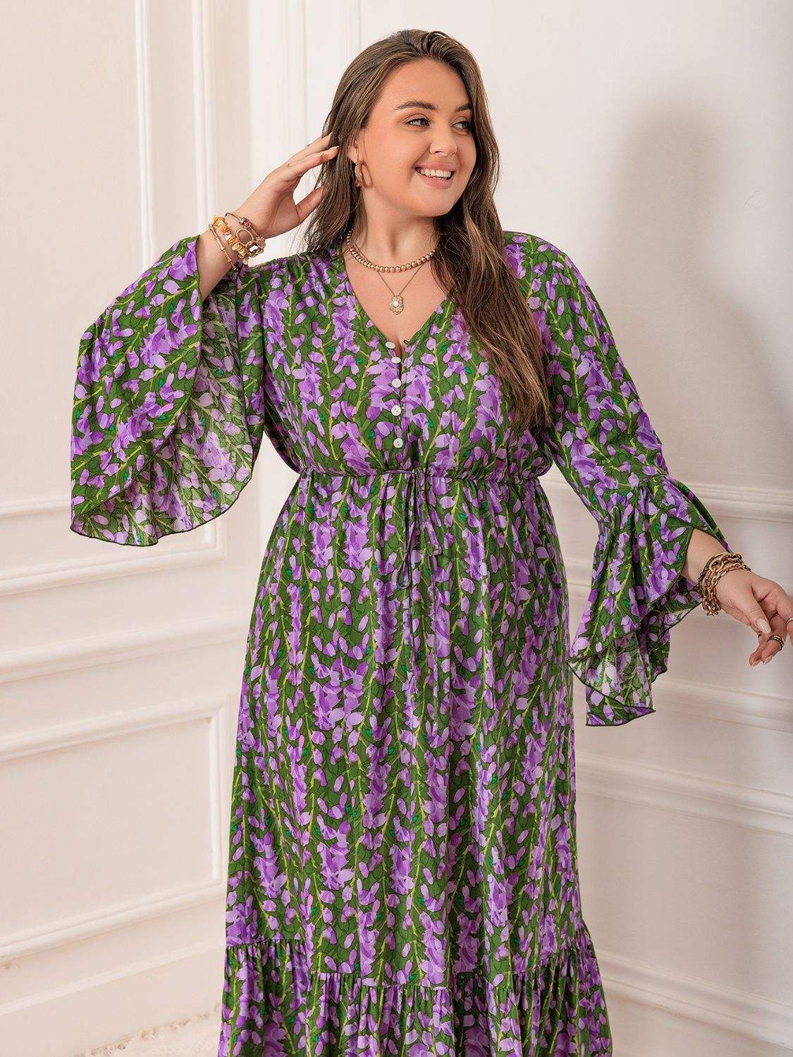 Plus Size Printed V-Neck Long Sleeve Maxi Dress - Trendsi - Flyclothing LLC
