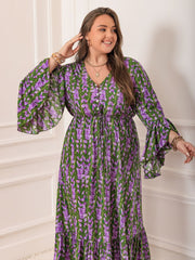 Plus Size Printed V-Neck Long Sleeve Maxi Dress - Trendsi