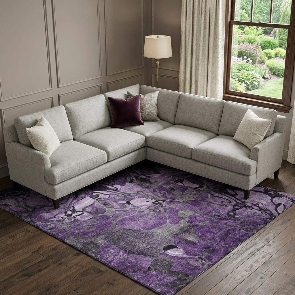 10' X 14' Purple And Ivory Abstract Distressed Washable Area Rug With UV Protection - HomeRoots - Flyclothing LLC