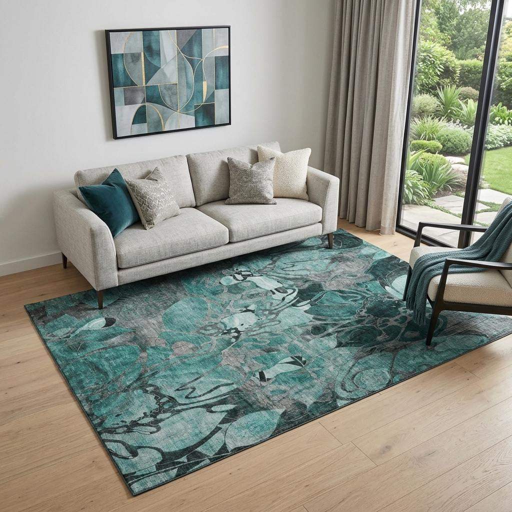 5' X 8' Teal And Gray Abstract Distressed Washable Area Rug With UV Protection - HomeRoots - Flyclothing LLC