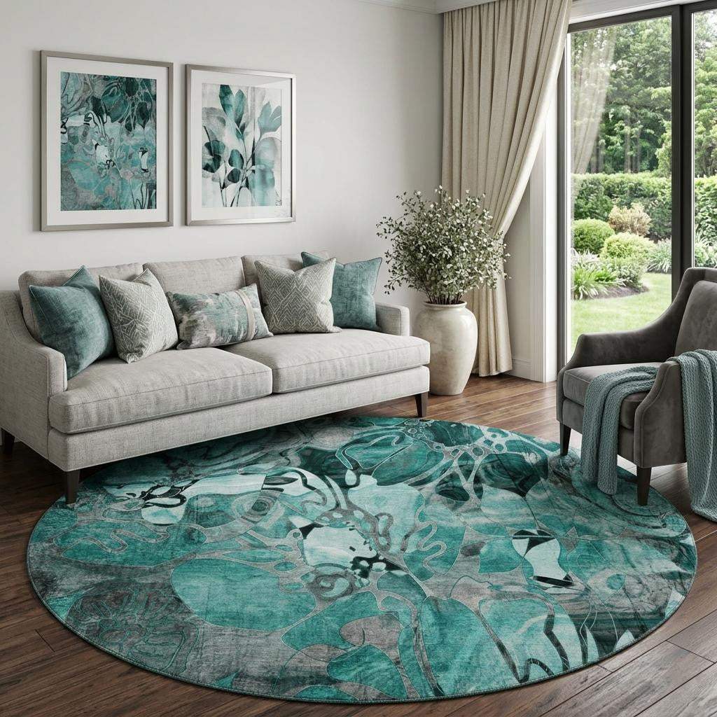 8' Teal And Gray Abstract Distressed Washable Round Rug With UV Protection - HomeRoots - Flyclothing LLC