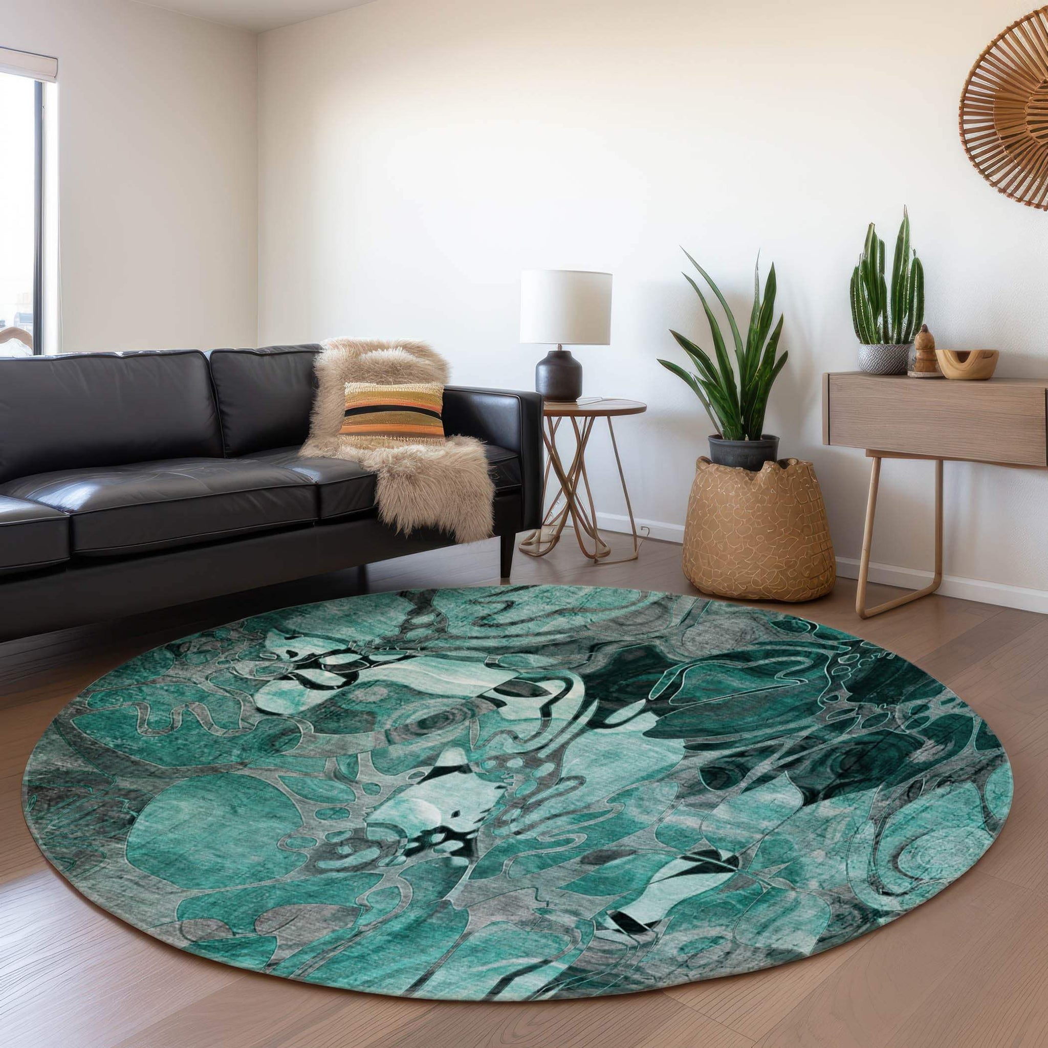 8' Teal And Gray Abstract Distressed Washable Round Rug With UV Protection - HomeRoots - Flyclothing LLC